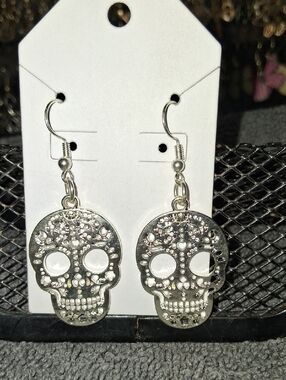 Silver Crystal Skull Drop Earrings - Women Jewelry